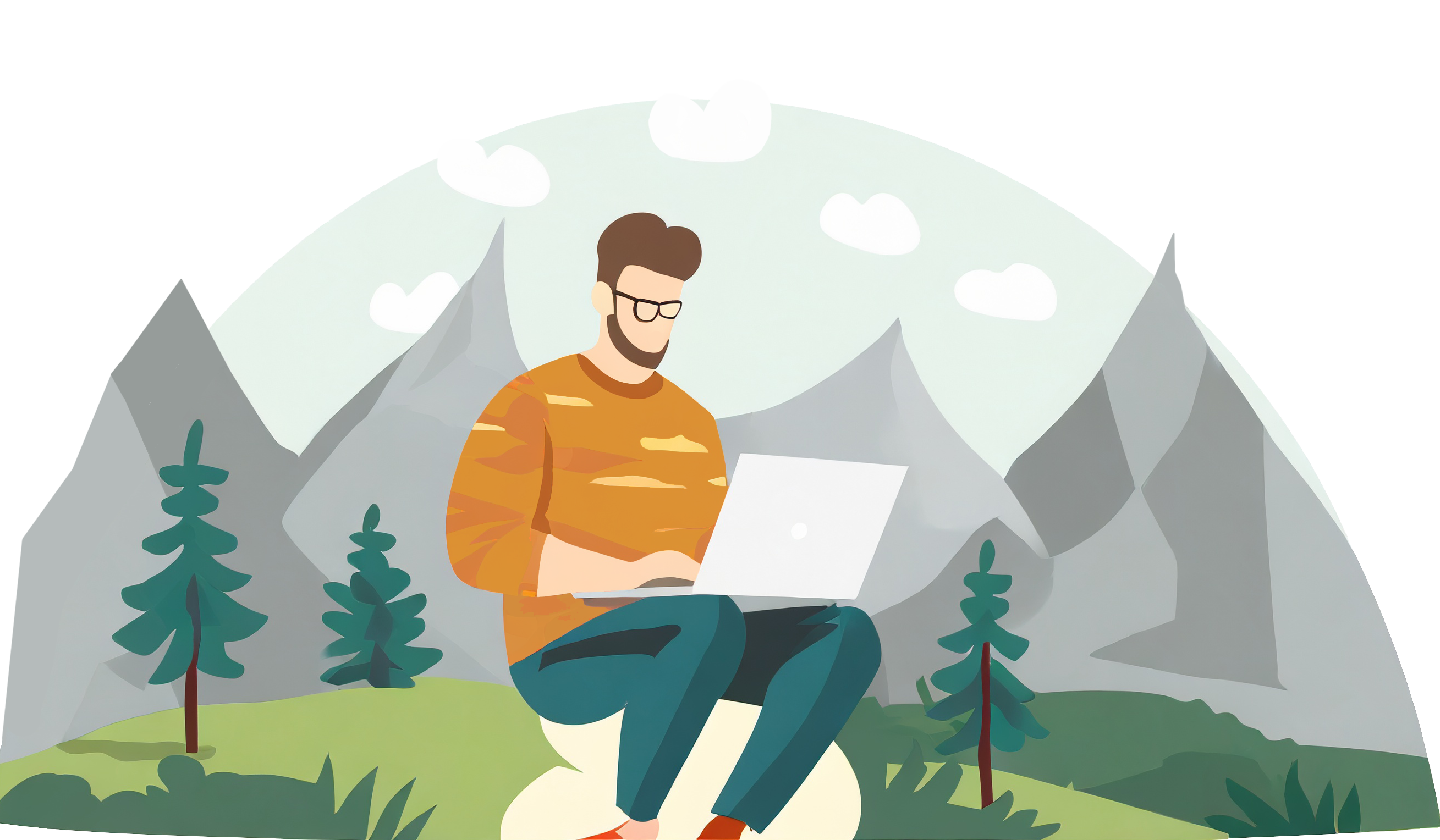Illustrerad man som sitter på en sten i naturen med en laptop i knäet.